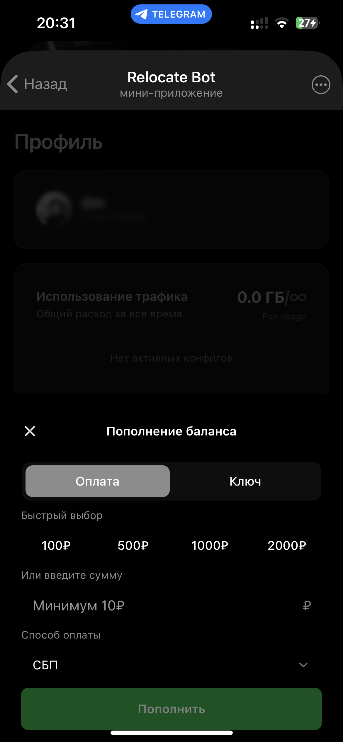 Экран пополнения баланса
